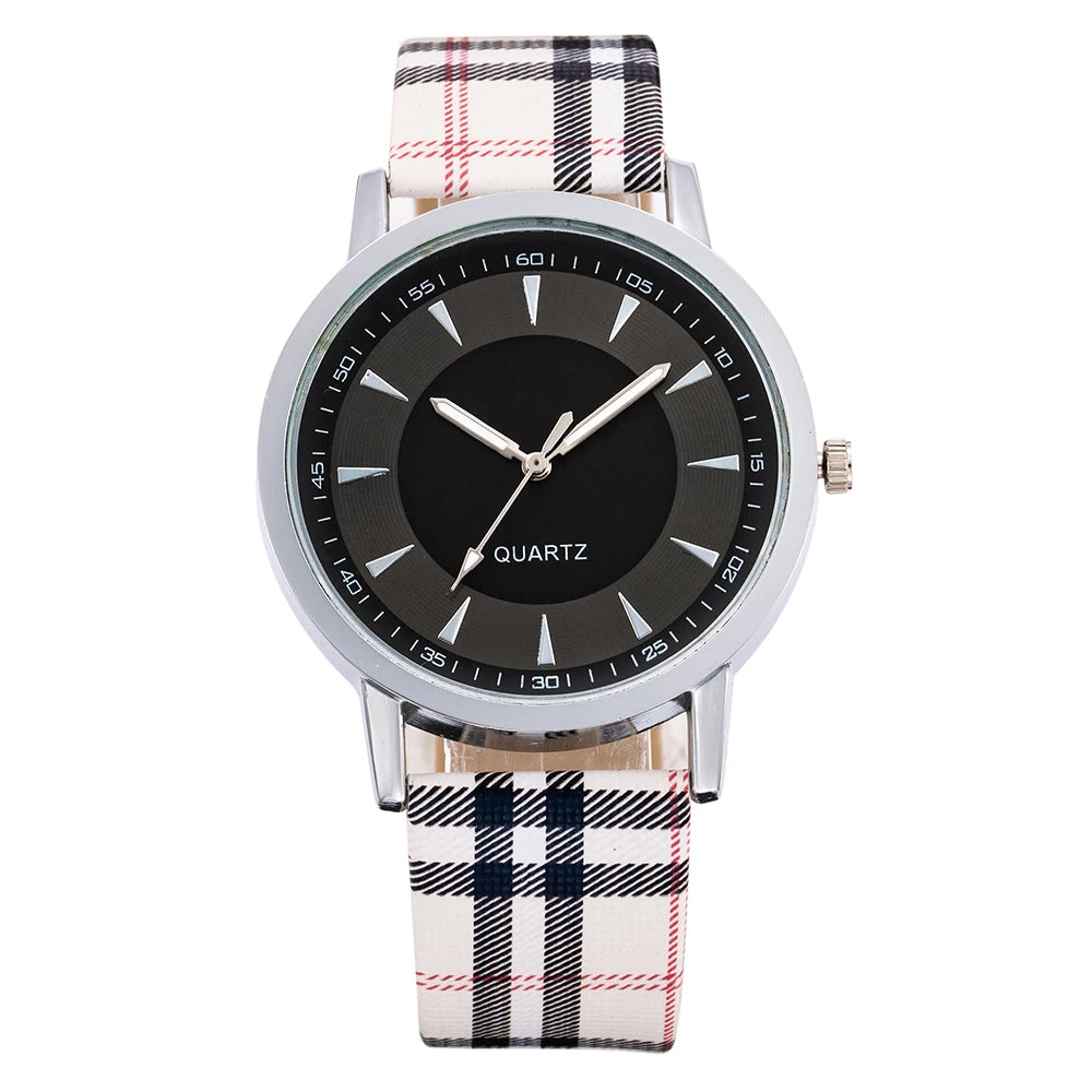 New Fashion Women Watch Simple Vintage Plaid Leather