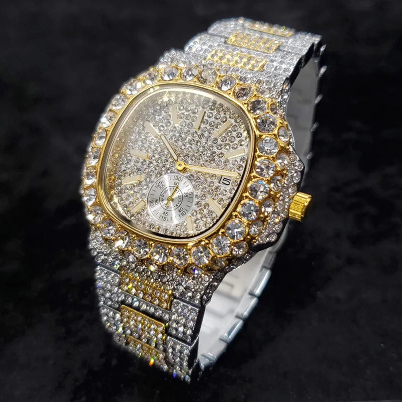 MISSFOX Iced Out Watch For Men Luxury Fashion Gold Quartz Watches Hip Hop High Quality Waterproof  Male Daimond Clock New Gift