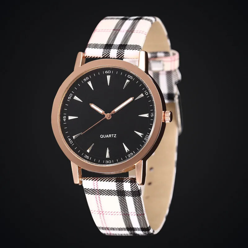 New Fashion Women Watch Simple Vintage Plaid Leather