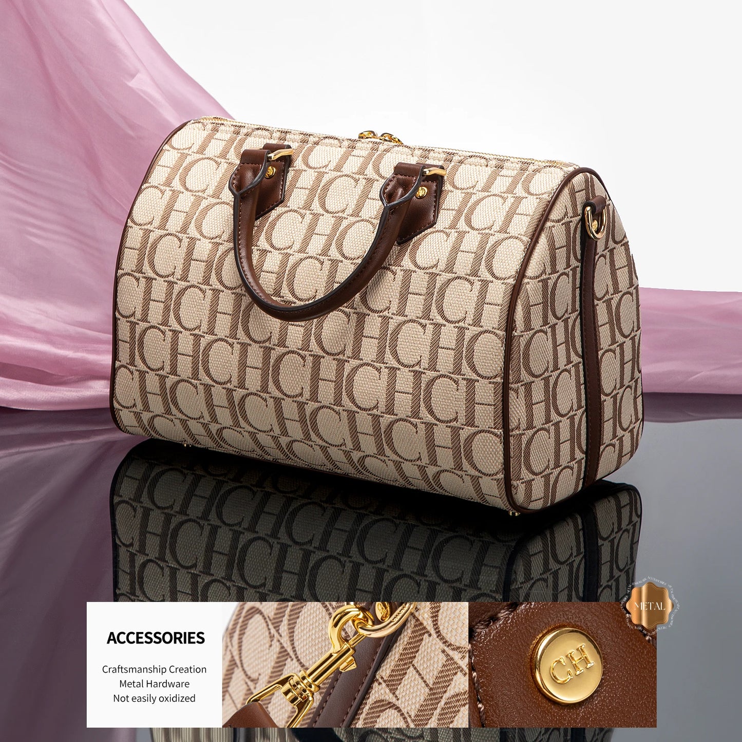 CHCH Women's Pillow Bag Autumn/Winter New Collection Letter Handbag Brown Boston Bag