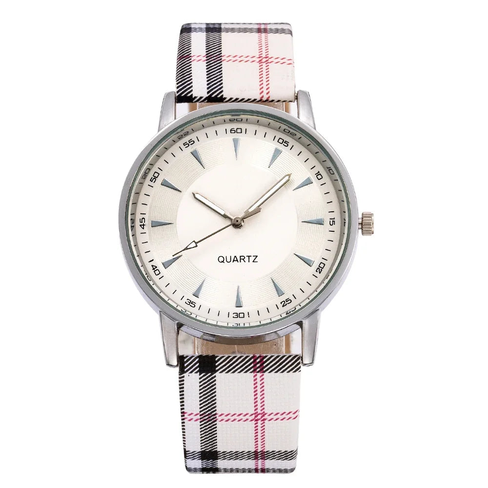 New Fashion Women Watch Simple Vintage Plaid Leather