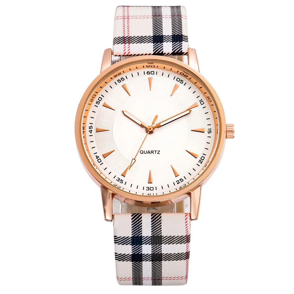 New Fashion Women Watch Simple Vintage Plaid Leather