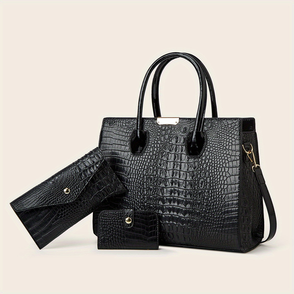 3pcs Stylish Tote Bag Set - Premium PU Leather Textured Shoulder Bags with Card Holder, Casual Versatile Commuter Bags for Women, Spacious and Durable, Perfect for Daily Use, Travel, and Work