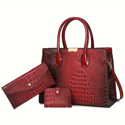 3pcs Stylish Tote Bag Set - Premium PU Leather Textured Shoulder Bags with Card Holder, Casual Versatile Commuter Bags for Women, Spacious and Durable, Perfect for Daily Use, Travel, and Work